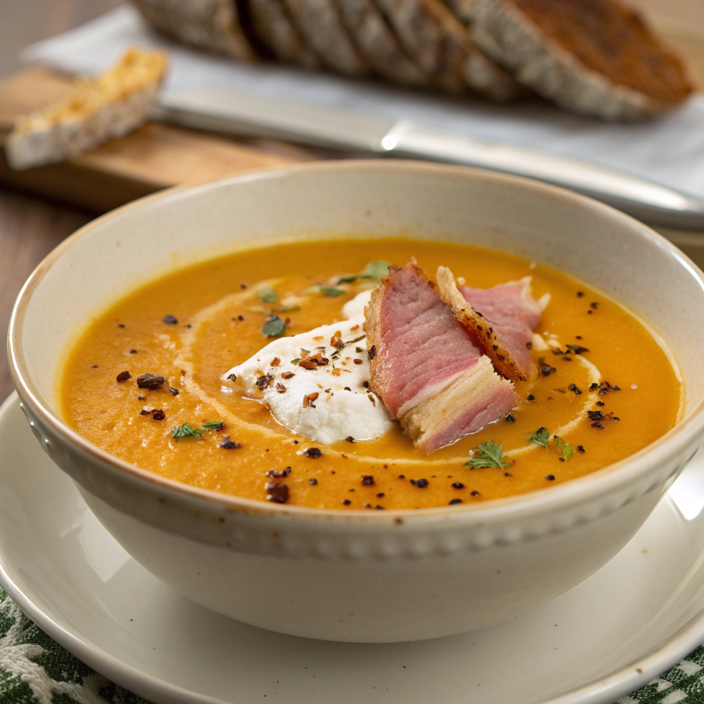 Soupe Potimarron Lard Tête de Moine Serving