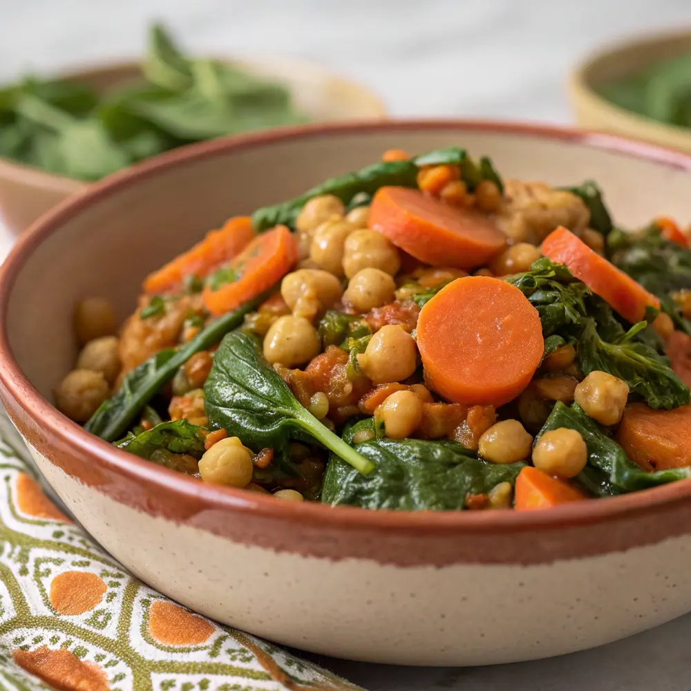 Dahl de lentilles corail carottes pois chiches et épinards
