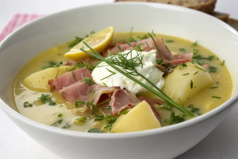 Soupe de pommes de terre et de poireaux au jambon sec crème au citron