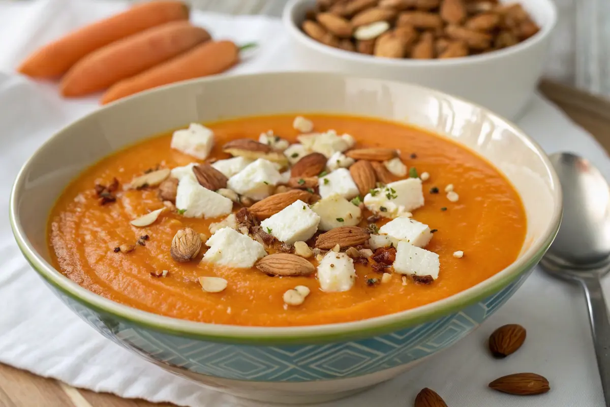 Velouté de carottes au gingembre dés de feta et amandes grillées