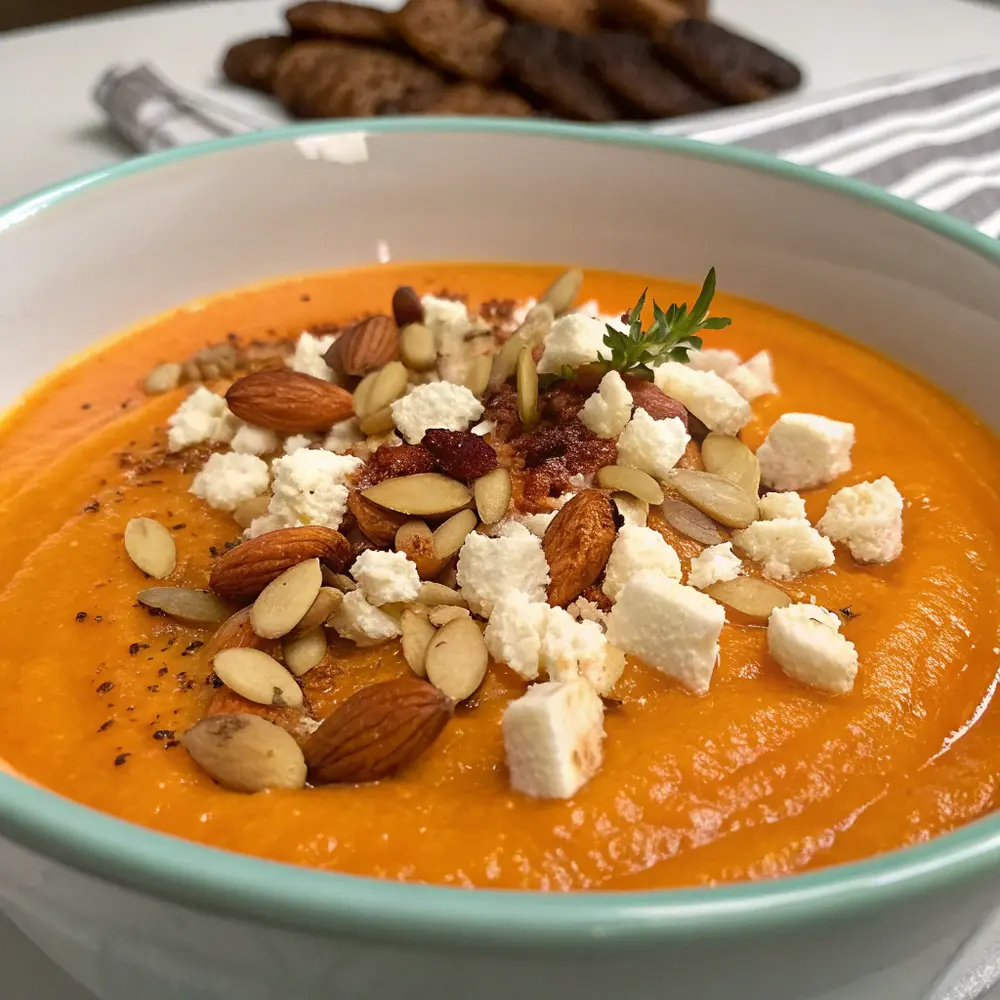 Velouté de carottes au gingembre dés de feta et amandes grillées