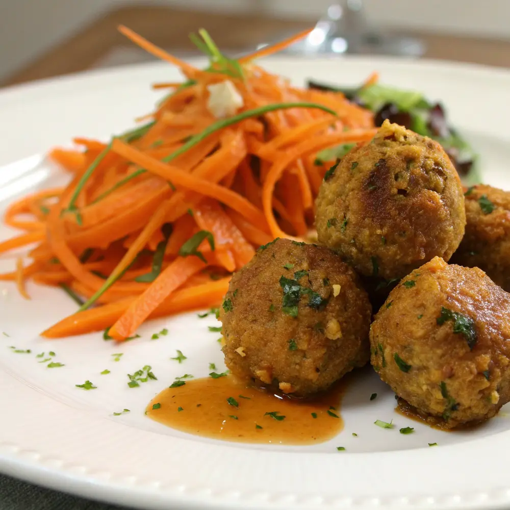Boulettes de lentilles corail à l'indienne salade de carottes