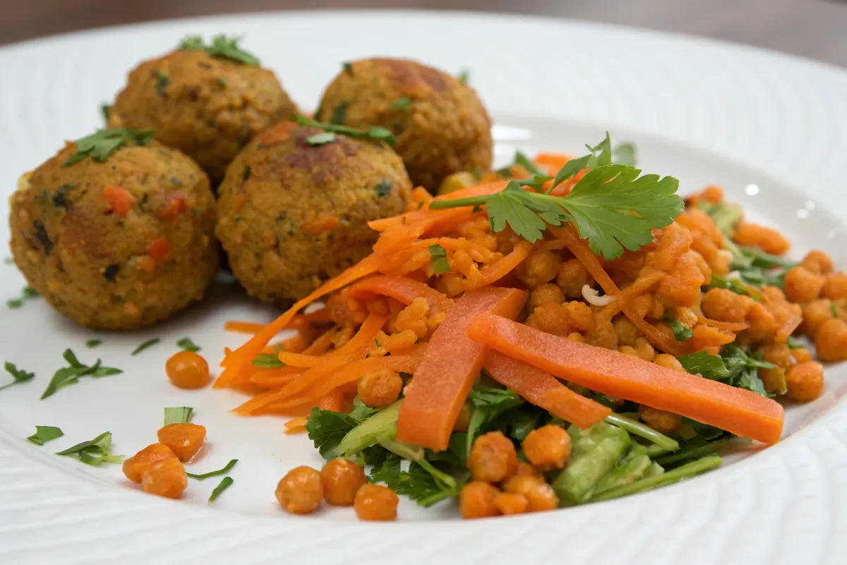 Boulettes de lentilles corail à l'indienne salade de carottes