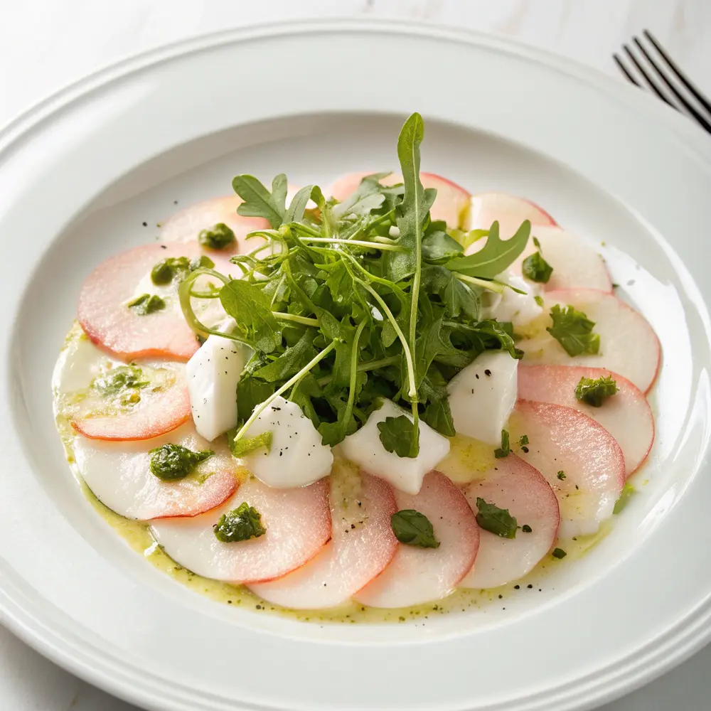 Carpaccio de saint-jacques et crème au cresson