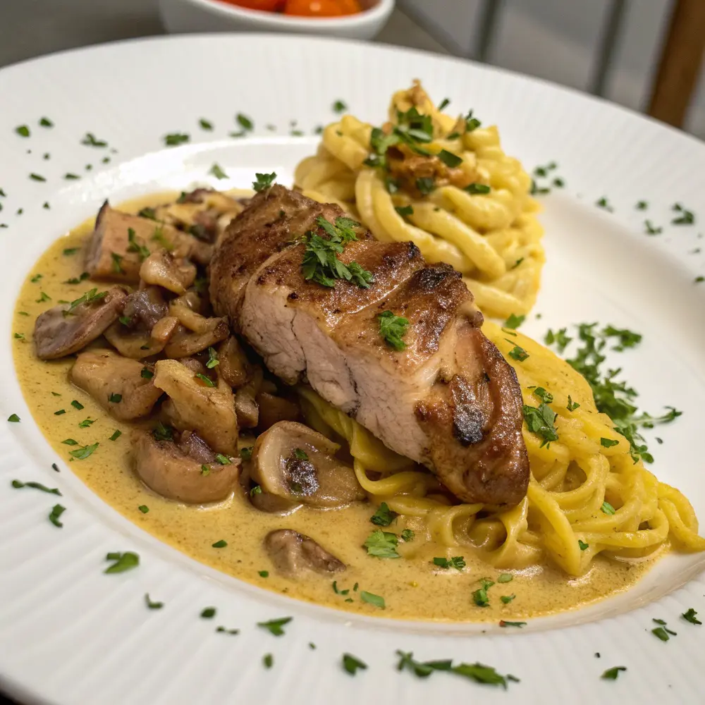 Effiloché de lapin à la moutarde et champignons poêlée de spaetzle
