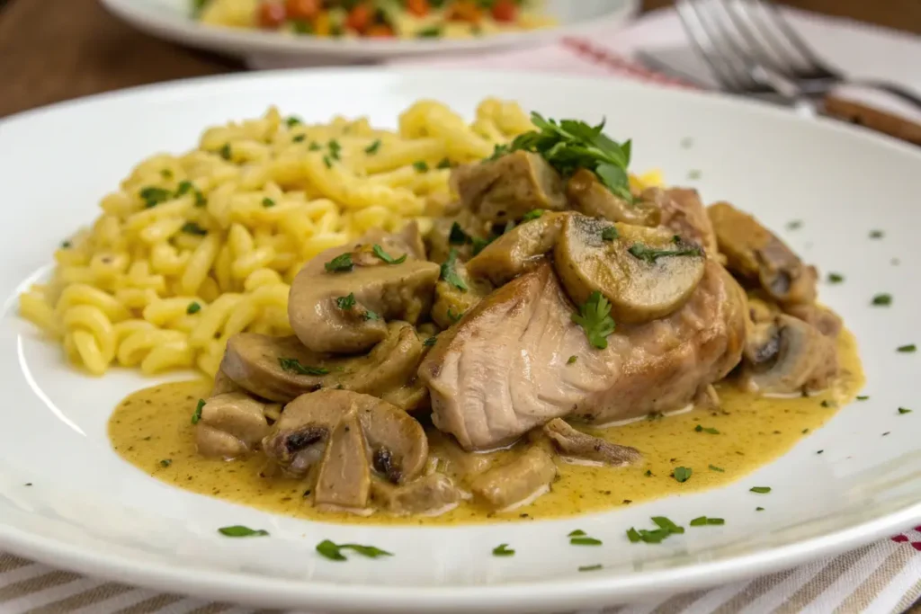 Effiloché de lapin à la moutarde et champignons poêlée de spaetzle