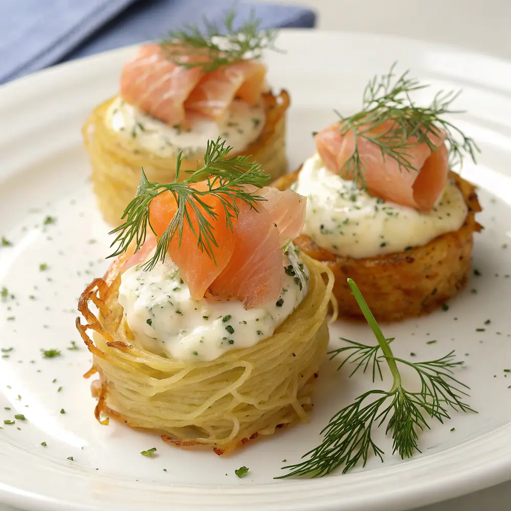 Nids de pommes de terre à la crème fraîche et au saumon fumé