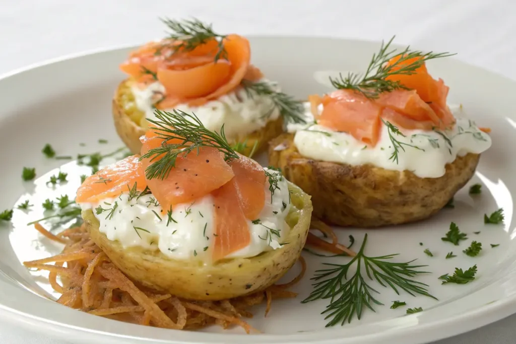 Nids de pommes de terre à la crème fraîche et au saumon fumé