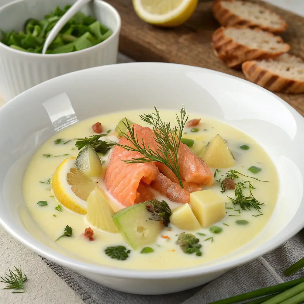 Velouté poireaux-pommes de terre au saumon fumé