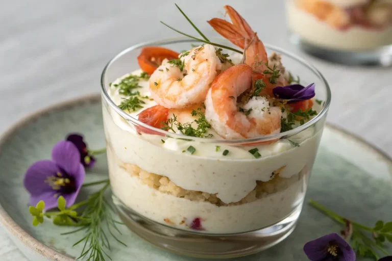 Verrine de houmous au fromage blanc et crevettes