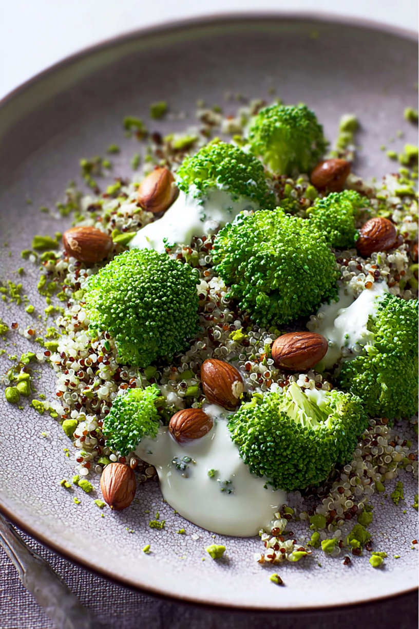 quinoa brocoli sauce chèvre noisettes