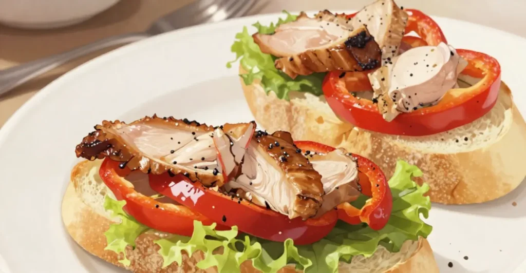 bruschetta laitue poulet poivrons caramélisés