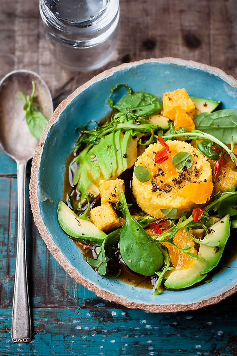 salade polenta avocat pousses épinard